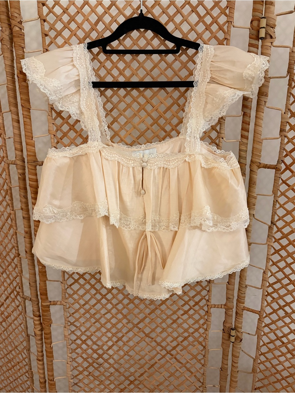 Mable Champagne Lace-Trim Ruffled Tie-Front Top
